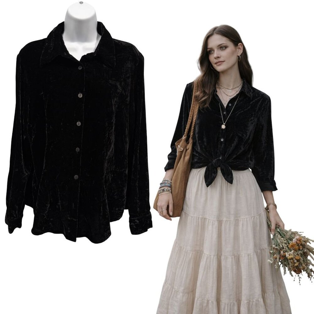 Hearts‎ of Palm Crushed Velvet Button Down Shirt Womens 12 Witchy Goth Workwear